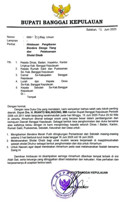 Bupati Bangkep Imbau Pengibaran Bendera Setengah Tiang dan Sholat Ghaib untuk Almarhum Irianto Malingong