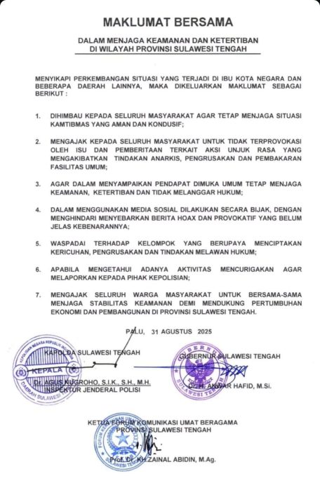 Maklumat Bersama di Sulteng: Seruan Menjaga Kedamaian, Menolak Provokasi