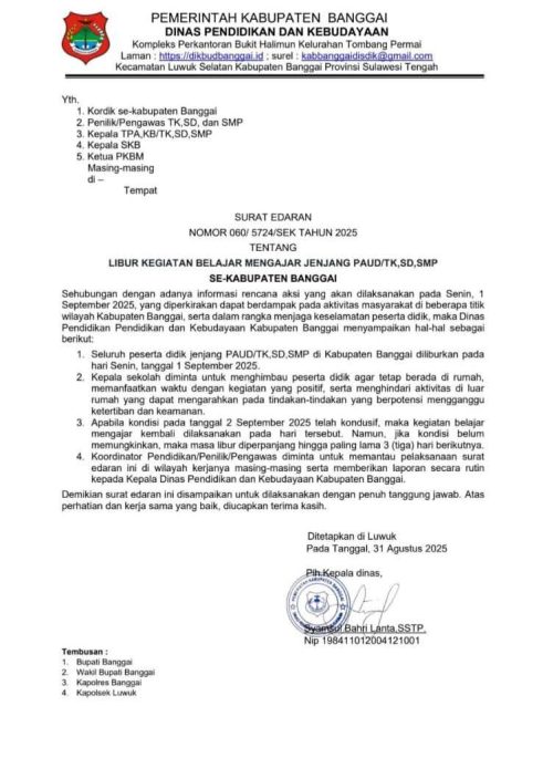 Pemkab Banggai Liburkan Sekolah PAUD hingga SMP pada 1 September 2025