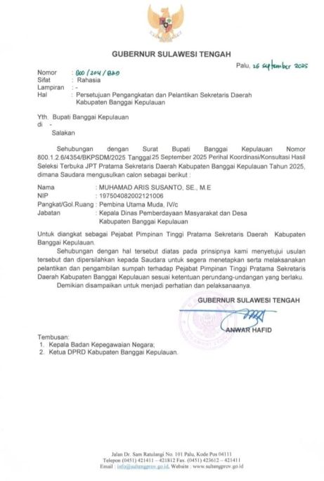 Gubernur Sulteng Setujui Pengangkatan Muhammad Aris Susanto sebagai Sekda Bangkep