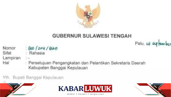 Gubernur Sulteng Setujui Pengangkatan Muhammad Aris Susanto sebagai Sekda Bangkep