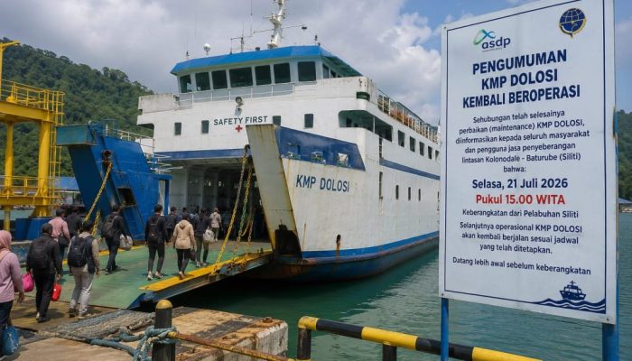 KMP Dolosi Kembali Beroperasi, Penyeberangan Kolonodale–Baturube Normal Mulai Hari Ini